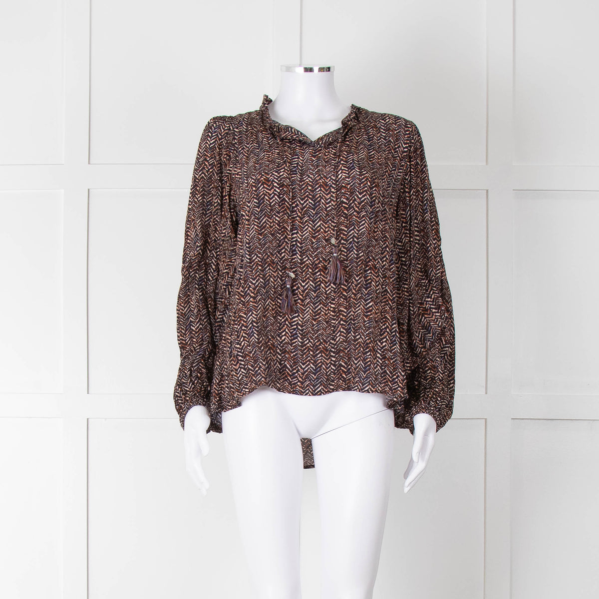 Moliin Black Brown Neck Tie Long Sleeve Top