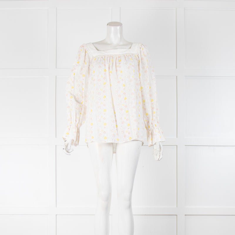 See By Chloé White Yellow Peach Flower Broderie Cotton Frill Cuff Tops