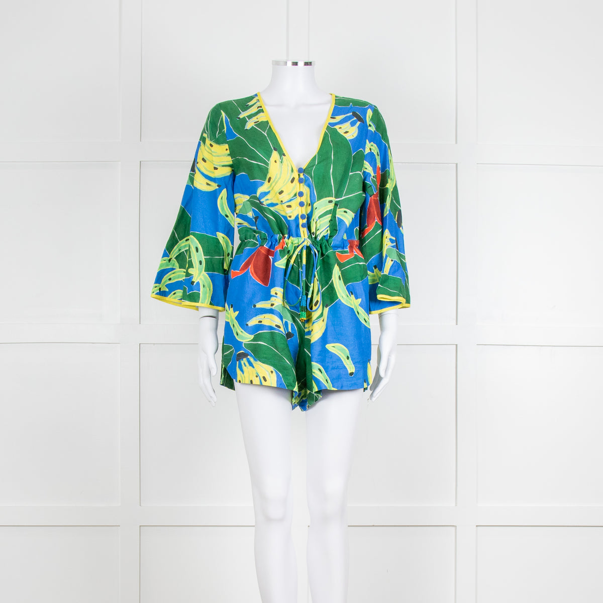 Farm Rio Green and Blue Banana Print Playsuit with Drawstring Waist