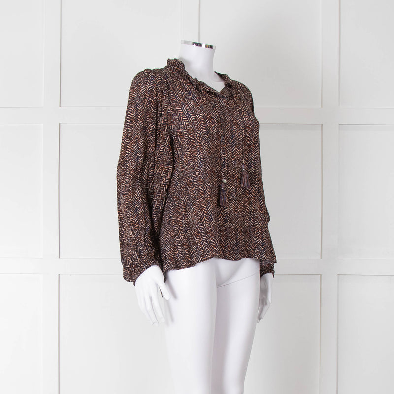 Moliin Black Brown Neck Tie Long Sleeve Top