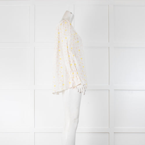 See By Chloé White Yellow Peach Flower Broderie Cotton Frill Cuff Tops