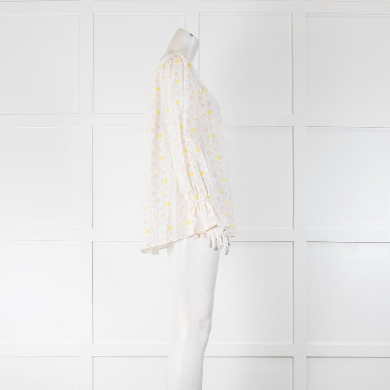 See By Chloé White Yellow Peach Flower Broderie Cotton Frill Cuff Tops