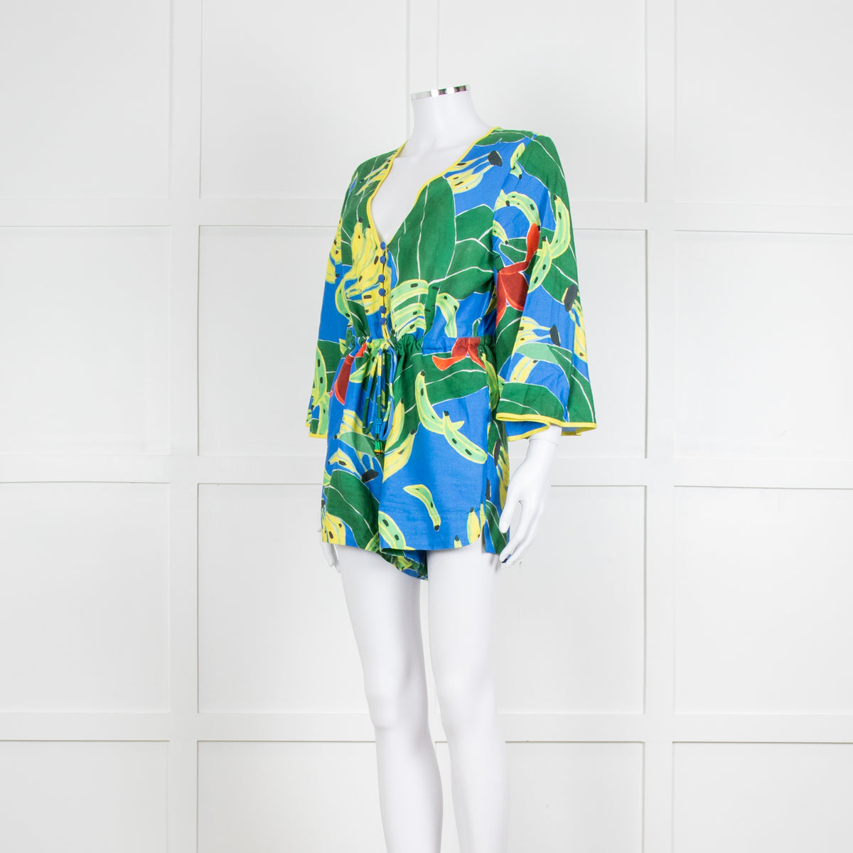 Farm Rio Green and Blue Banana Print Playsuit with Drawstring Waist
