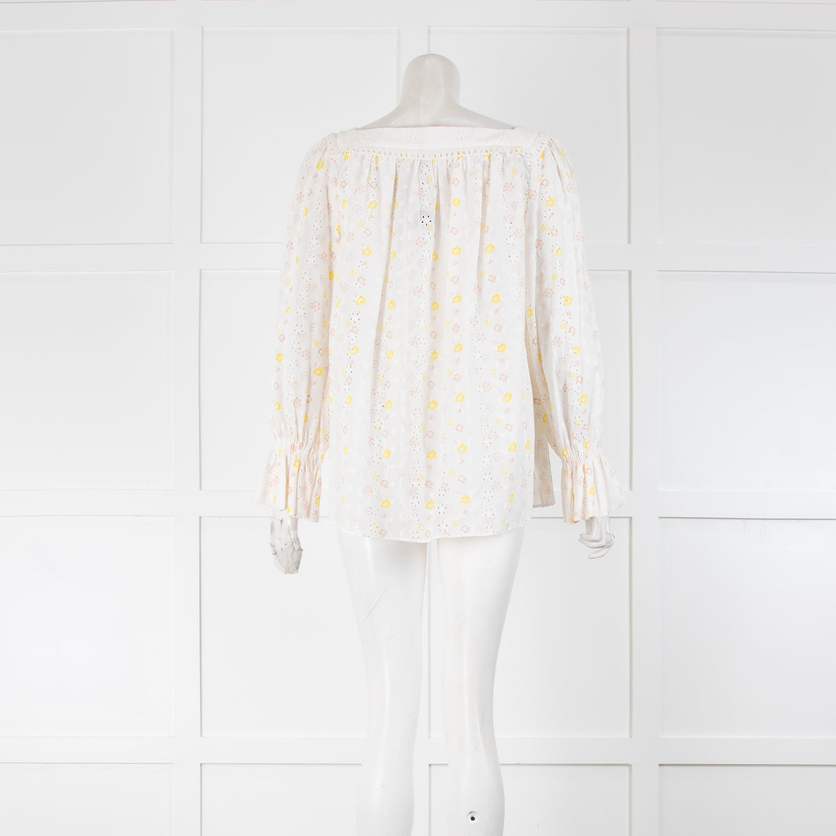 See By Chloé White Yellow Peach Flower Broderie Cotton Frill Cuff Tops