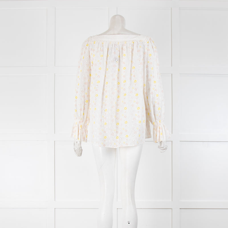 See By Chloé White Yellow Peach Flower Broderie Cotton Frill Cuff Tops