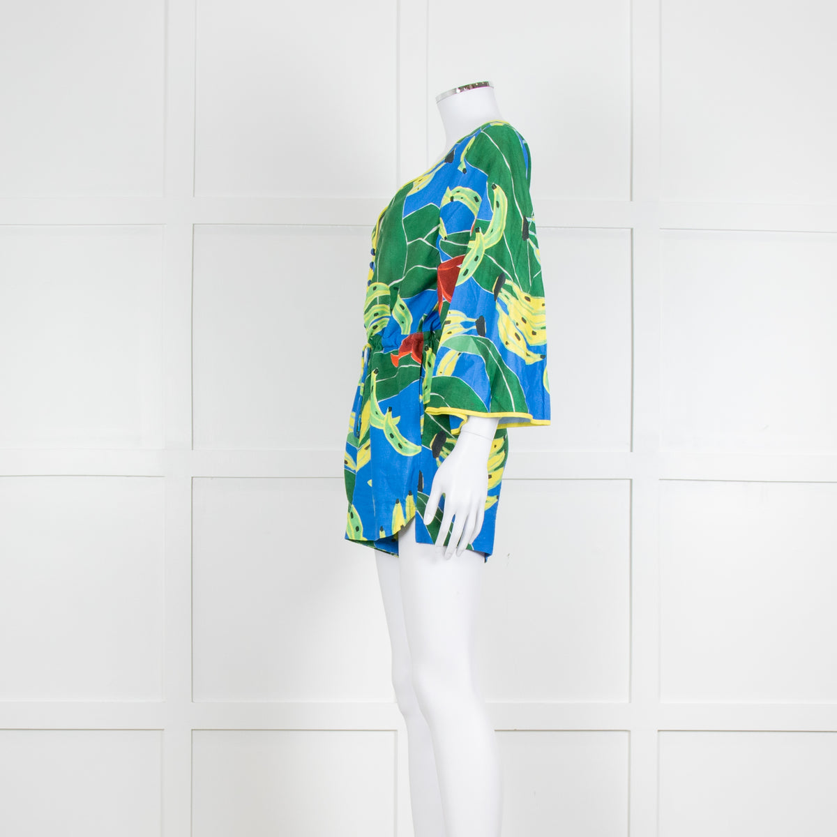 Farm Rio Green and Blue Banana Print Playsuit with Drawstring Waist