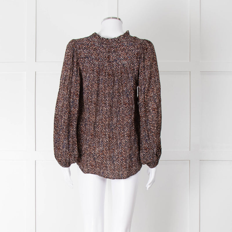 Moliin Black Brown Neck Tie Long Sleeve Top