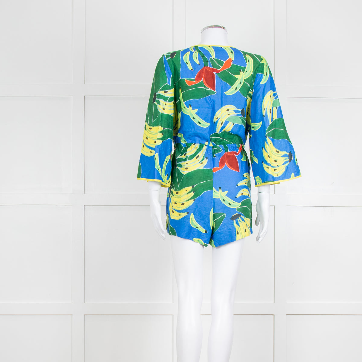 Farm Rio Green and Blue Banana Print Playsuit with Drawstring Waist