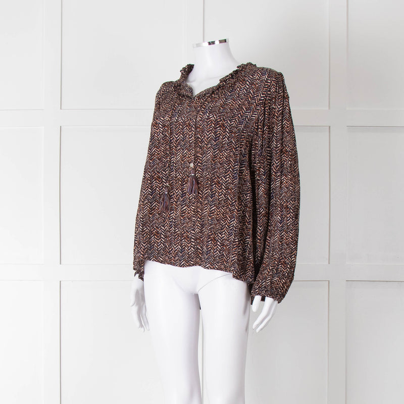 Moliin Black Brown Neck Tie Long Sleeve Top