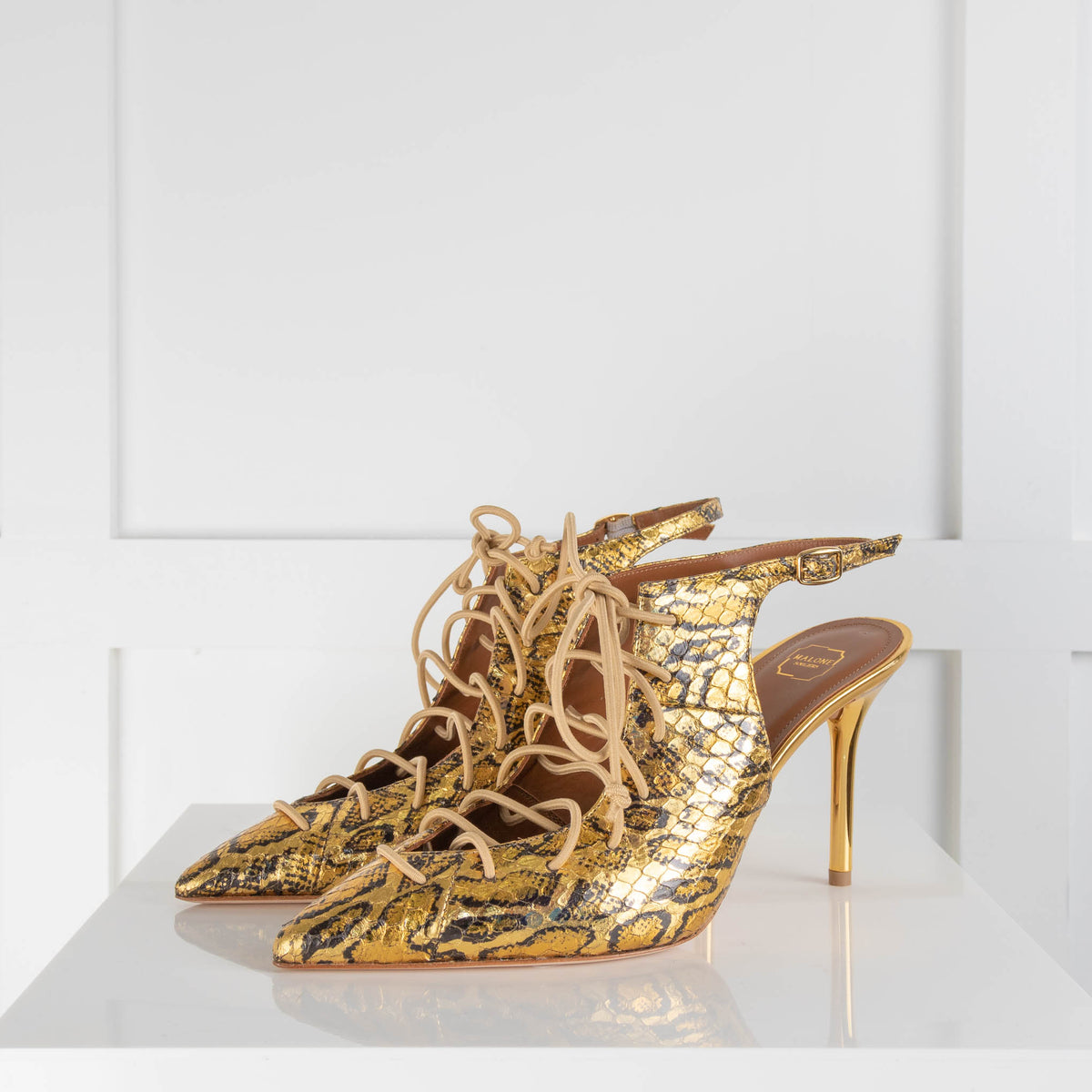 Malone Souliers Gold Leopard Lace Up Heels