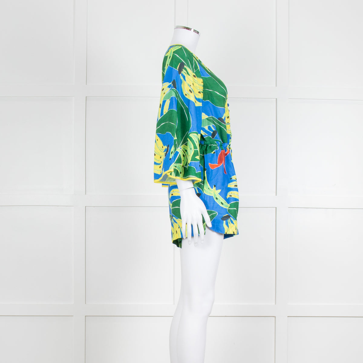 Farm Rio Green and Blue Banana Print Playsuit with Drawstring Waist