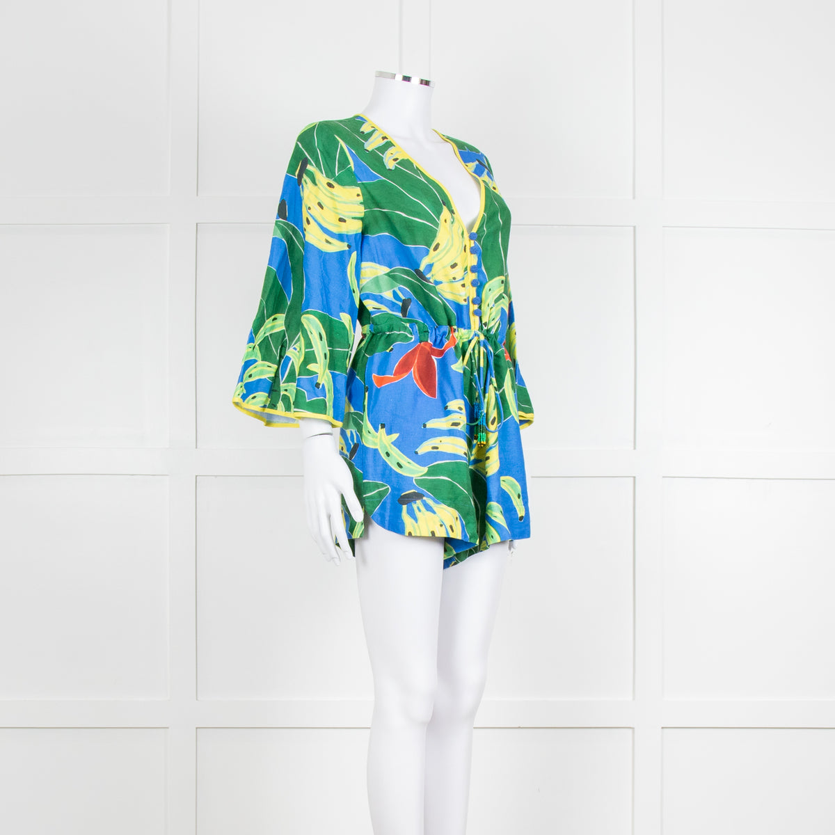 Farm Rio Green and Blue Banana Print Playsuit with Drawstring Waist