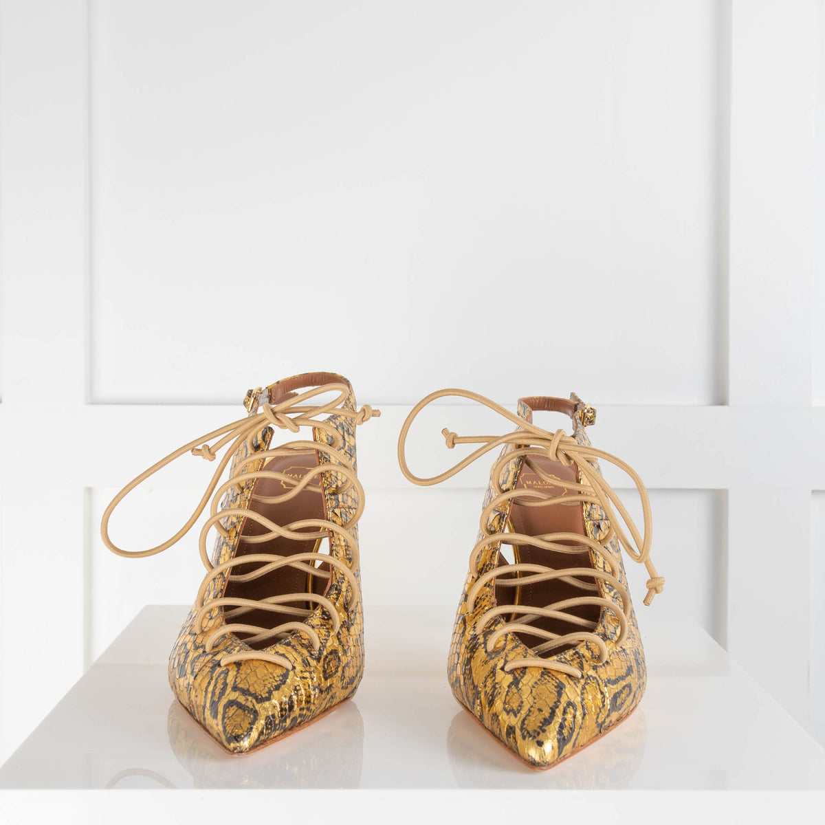 Malone Souliers Gold Leopard Lace Up Heels
