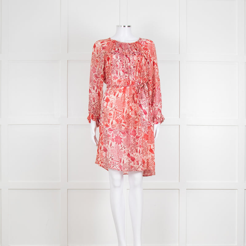Isabel Marant Red Patterned Silk Mini Dress with Tie Waist