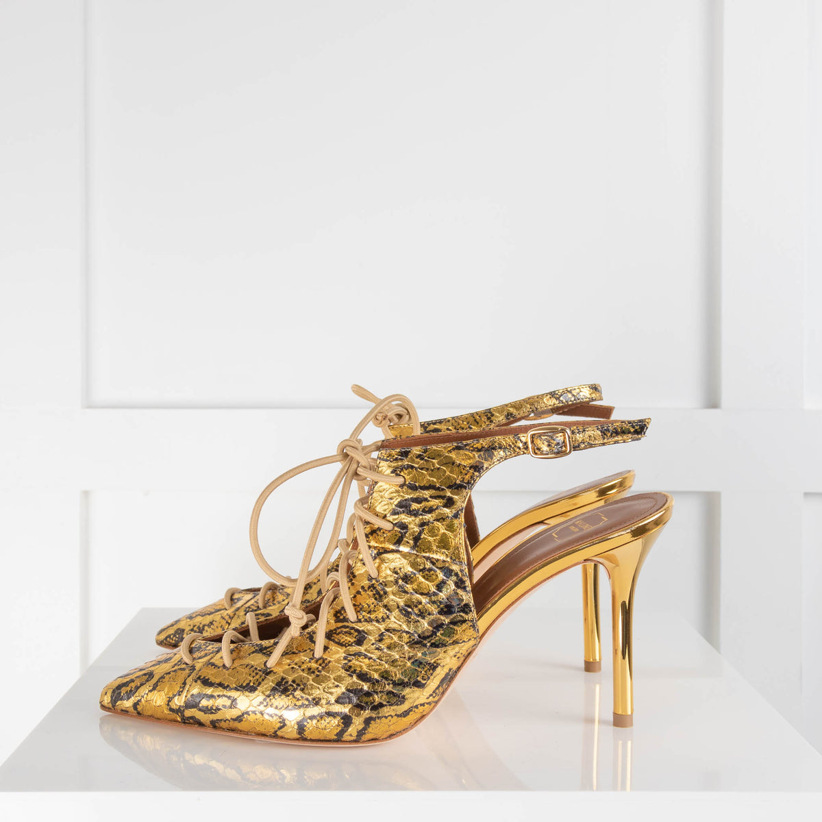 Malone Souliers Gold Leopard Lace Up Heels
