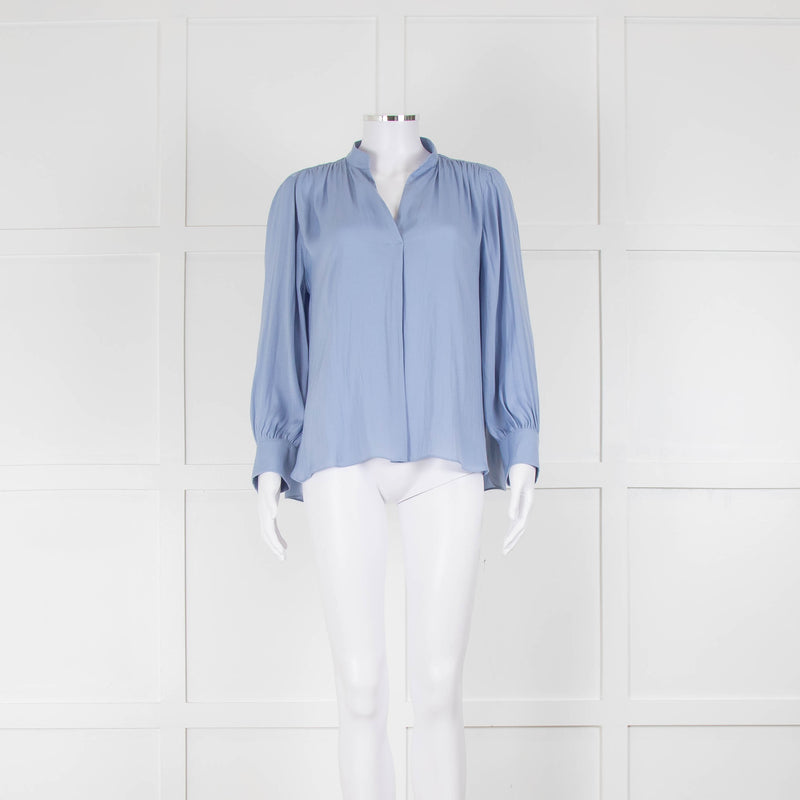 Marc Cain Cornflower Blue Grandad Collar Blouse with Button Cuffs
