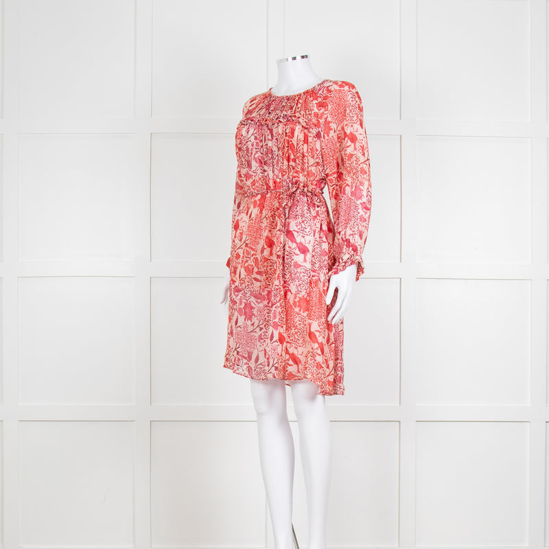 Isabel Marant Red Patterned Silk Mini Dress with Tie Waist