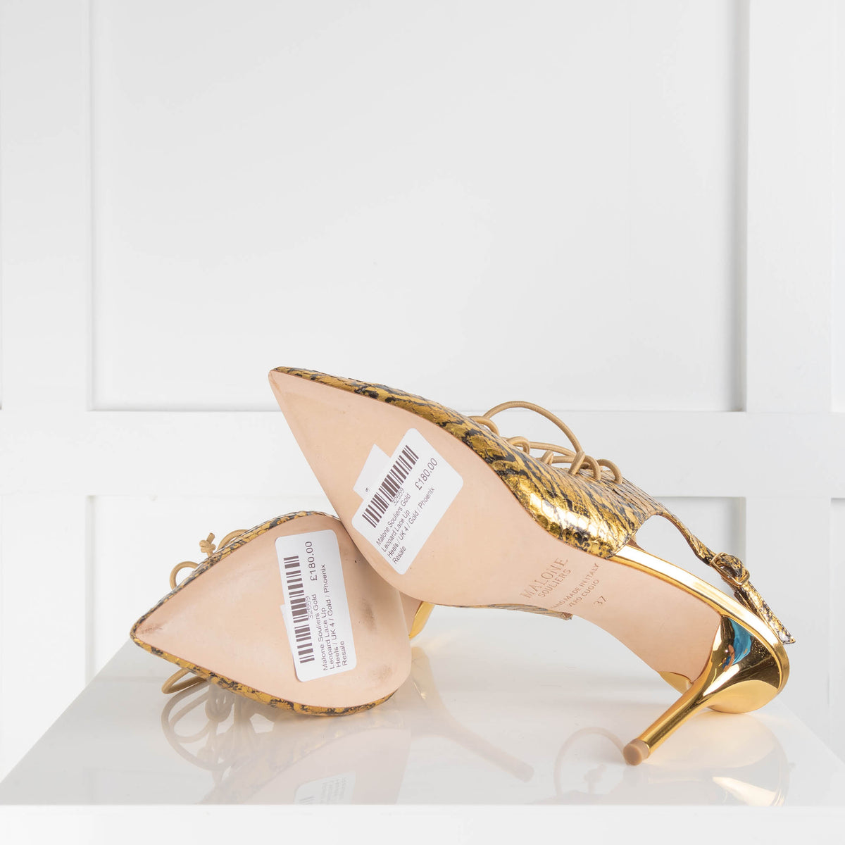 Malone Souliers Gold Leopard Lace Up Heels