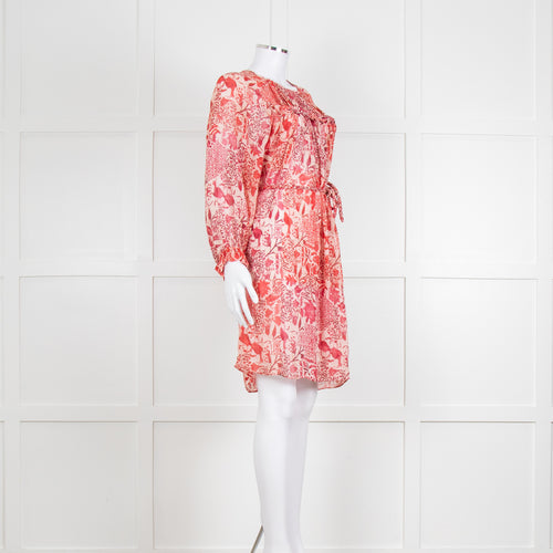 Isabel Marant Red Patterned Silk Mini Dress with Tie Waist