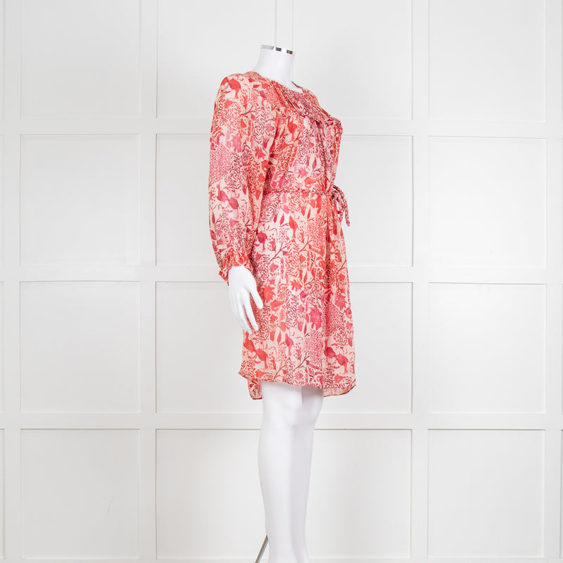 Isabel Marant Red Patterned Silk Mini Dress with Tie Waist