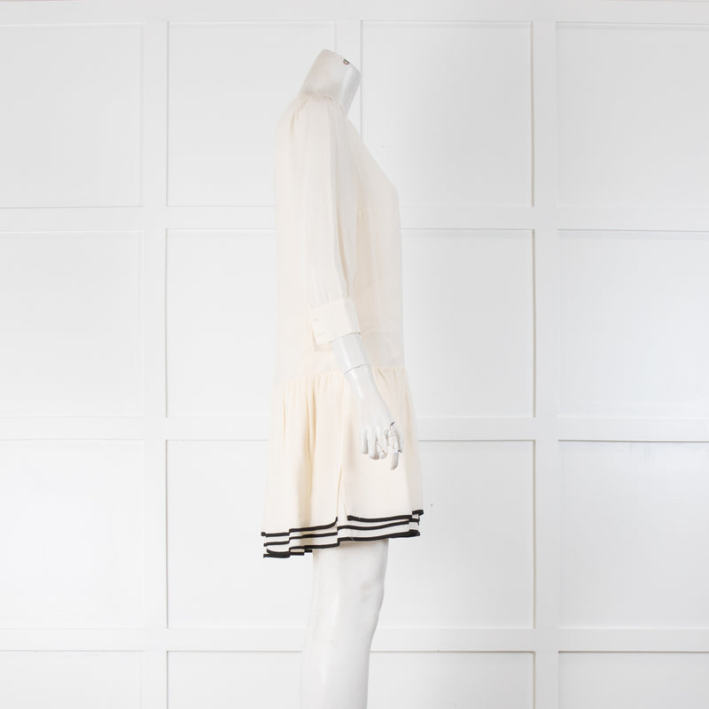 See By Chloé Cream Ruffle Hem Black Piping Detail Dress