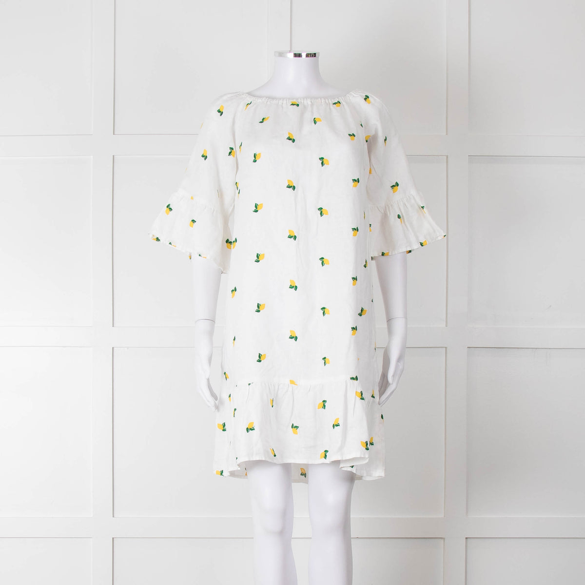 Sartoria Saracena White Lemon Embroidered Linen Frill Trim Dress