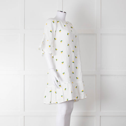 Sartoria Saracena White Lemon Embroidered Linen Frill Trim Dress