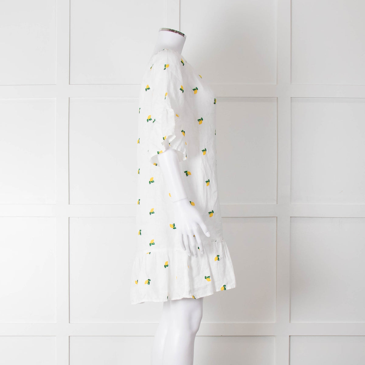 Sartoria Saracena White Lemon Embroidered Linen Frill Trim Dress