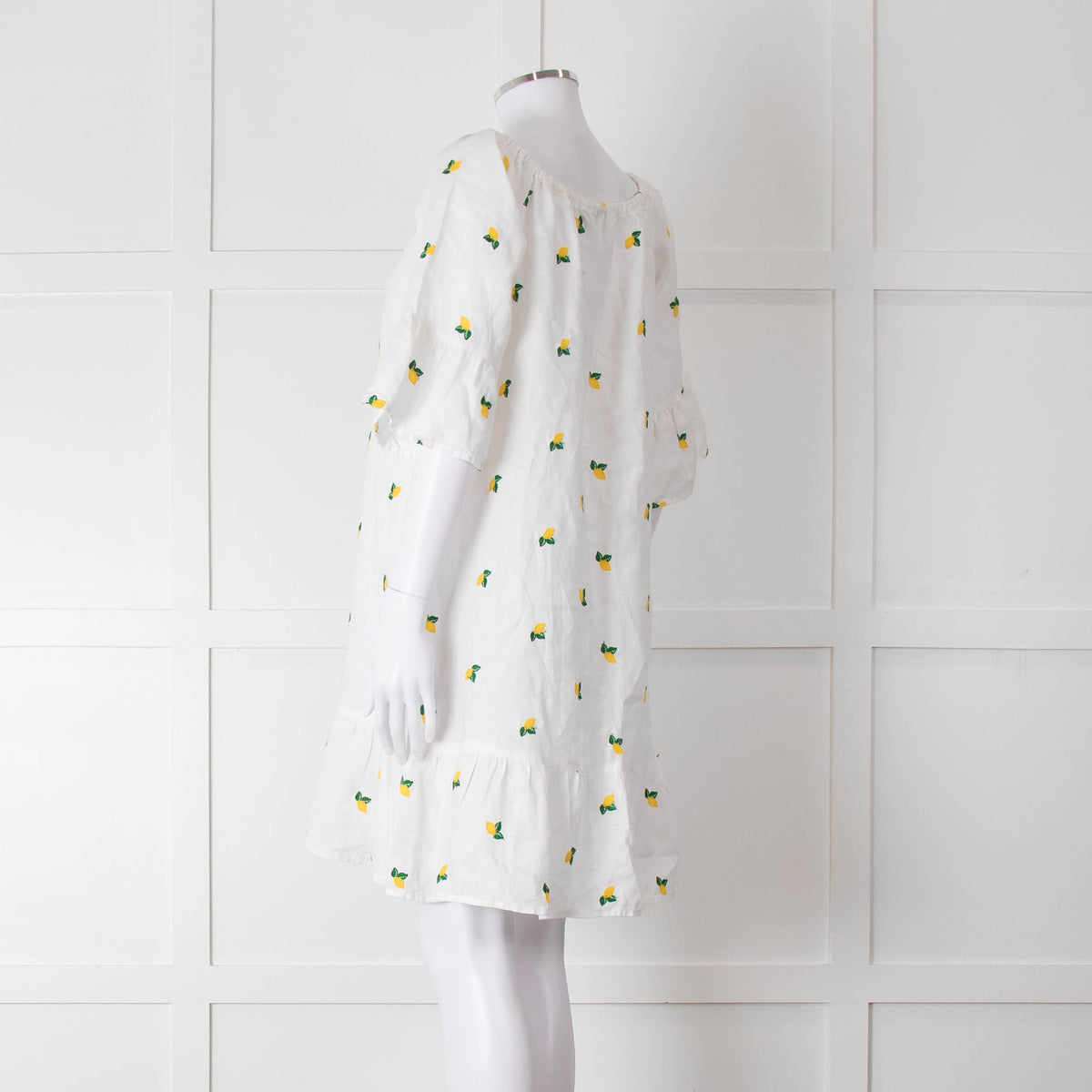 Sartoria Saracena White Lemon Embroidered Linen Frill Trim Dress
