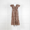 Rails Leopard Print Cotton Midi Smocked Dress with Frill Sleeves and V Neck