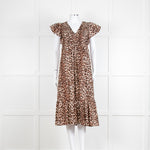 Rails Leopard Print Cotton Midi Smocked Dress with Frill Sleeves and V Neck