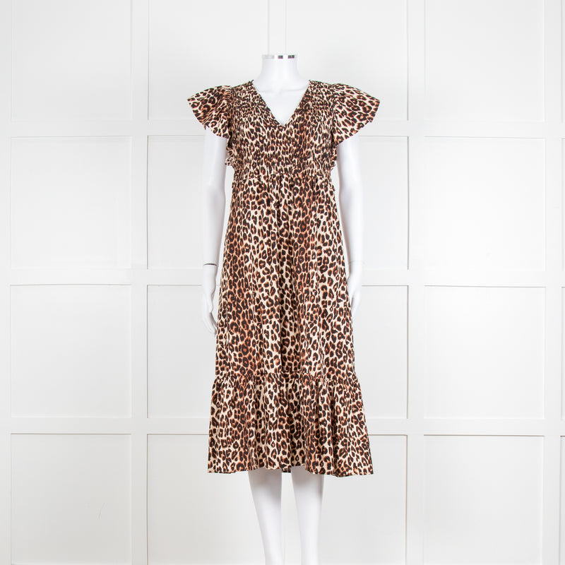 Rails Leopard Print Cotton Midi Smocked Dress with Frill Sleeves and V Neck