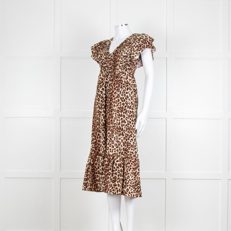 Rails Leopard Print Cotton Midi Smocked Dress with Frill Sleeves and V Neck