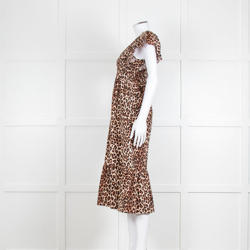 Rails Leopard Print Cotton Midi Smocked Dress with Frill Sleeves and V Neck