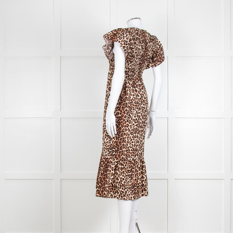 Rails Leopard Print Cotton Midi Smocked Dress with Frill Sleeves and V Neck