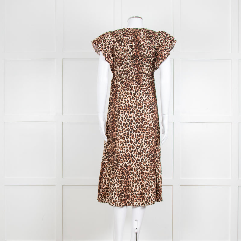 Rails Leopard Print Cotton Midi Smocked Dress with Frill Sleeves and V Neck