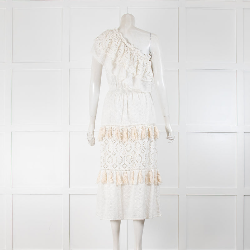 Misa White Cotton Broidery One Shoulder Tassel Trim Midi Dress