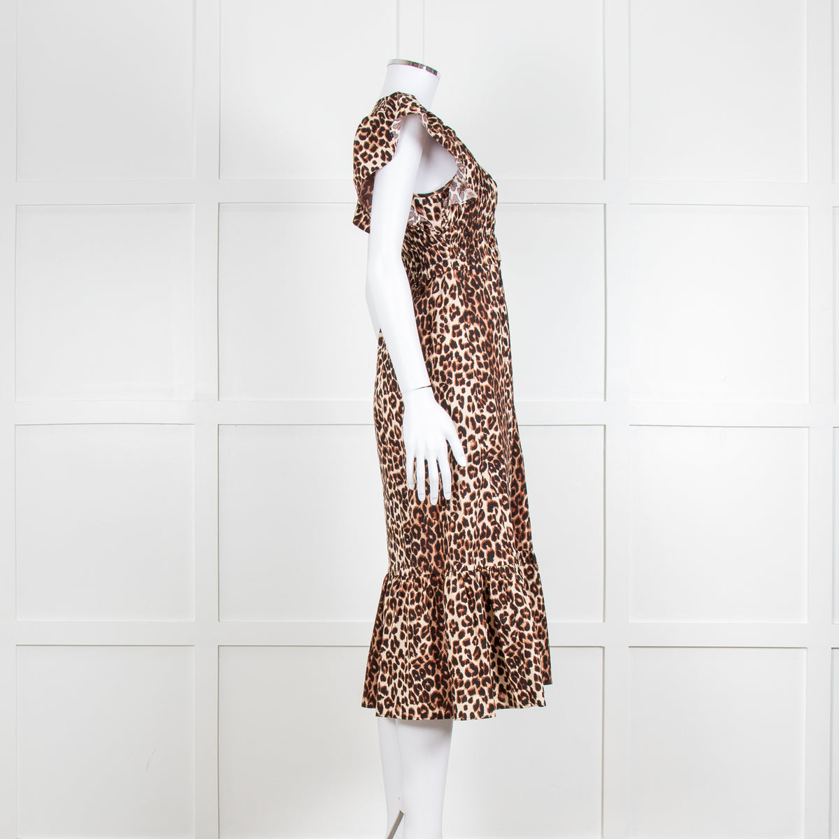 Rails Leopard Print Cotton Midi Smocked Dress with Frill Sleeves and V Neck