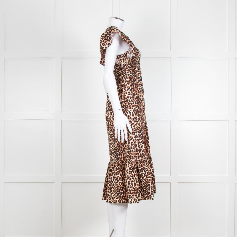 Rails Leopard Print Cotton Midi Smocked Dress with Frill Sleeves and V Neck