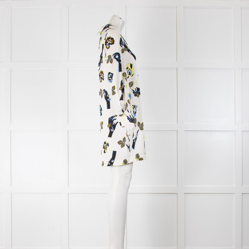 Bimba Y Lola Cream Blue Yellow Hand & Rose Print Sleeved Dress