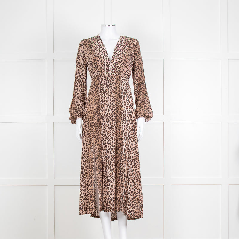 Rixo Leopard V Neck Long Sleeve Midi Dress