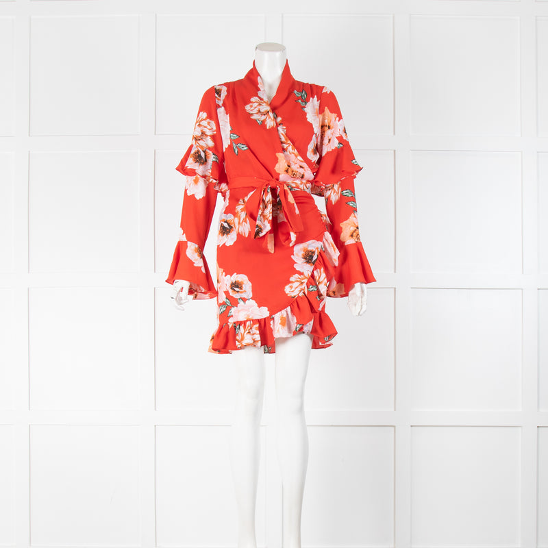 Misa Orange Red Floral Ruffle Sleeve Wrap Mini Dress