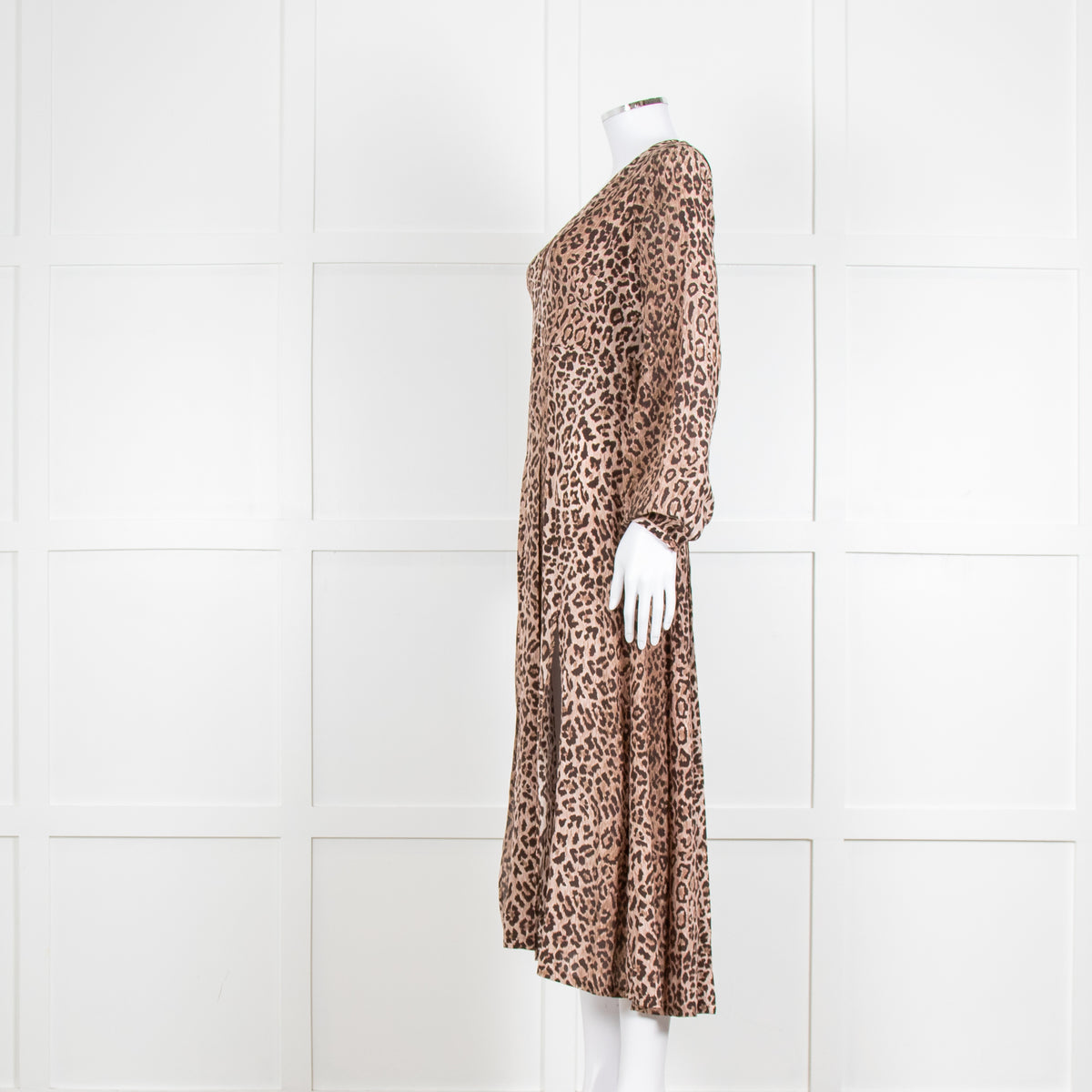 Rixo Leopard V Neck Long Sleeve Midi Dress