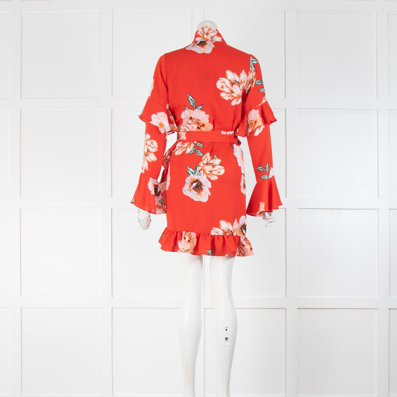 Misa Orange Red Floral Ruffle Sleeve Wrap Mini Dress