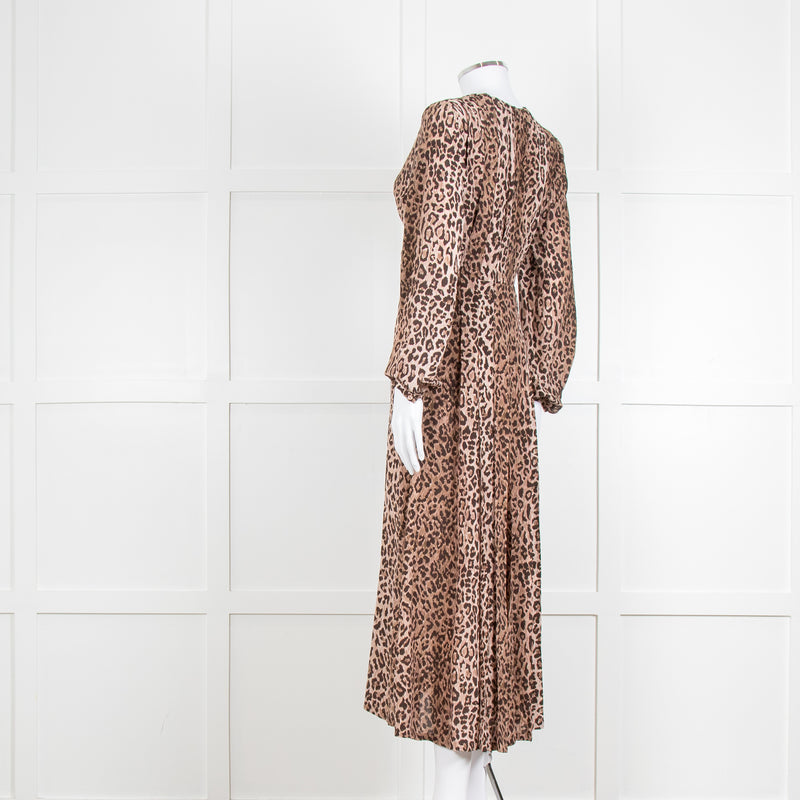 Rixo Leopard V Neck Long Sleeve Midi Dress