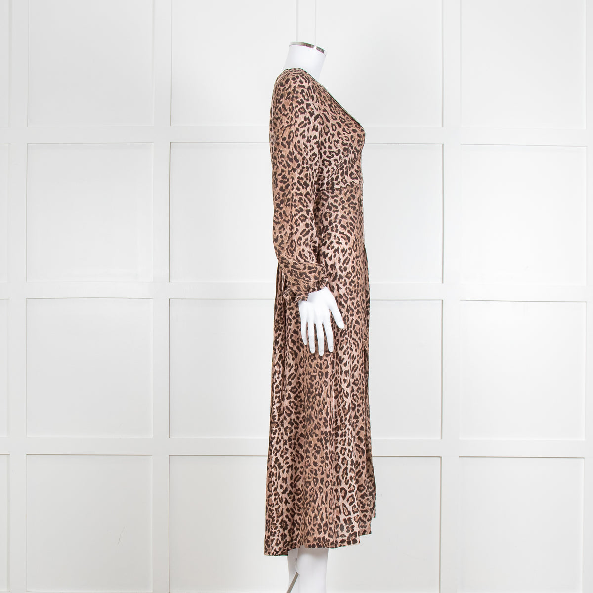 Rixo Leopard V Neck Long Sleeve Midi Dress