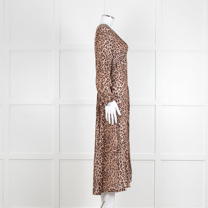 Rixo Leopard V Neck Long Sleeve Midi Dress