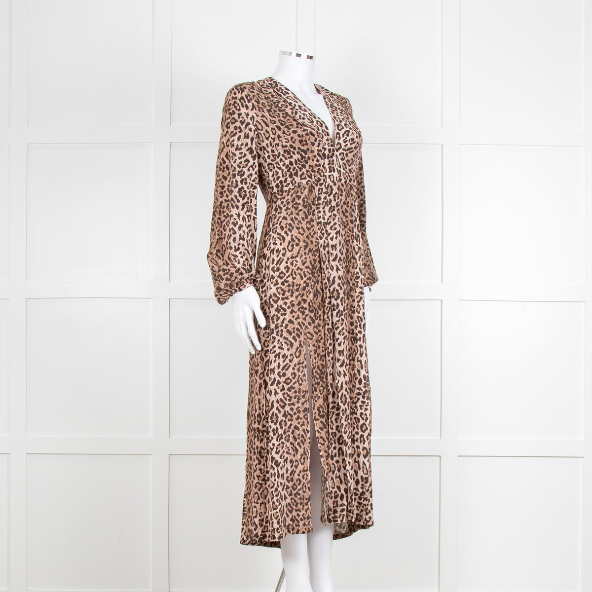 Rixo Leopard V Neck Long Sleeve Midi Dress