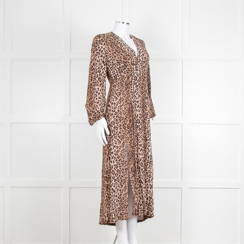 Rixo Leopard V Neck Long Sleeve Midi Dress