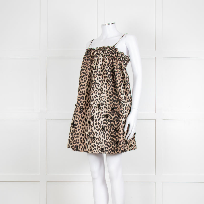Ganni Leopard Print Embellished Babydoll Dress